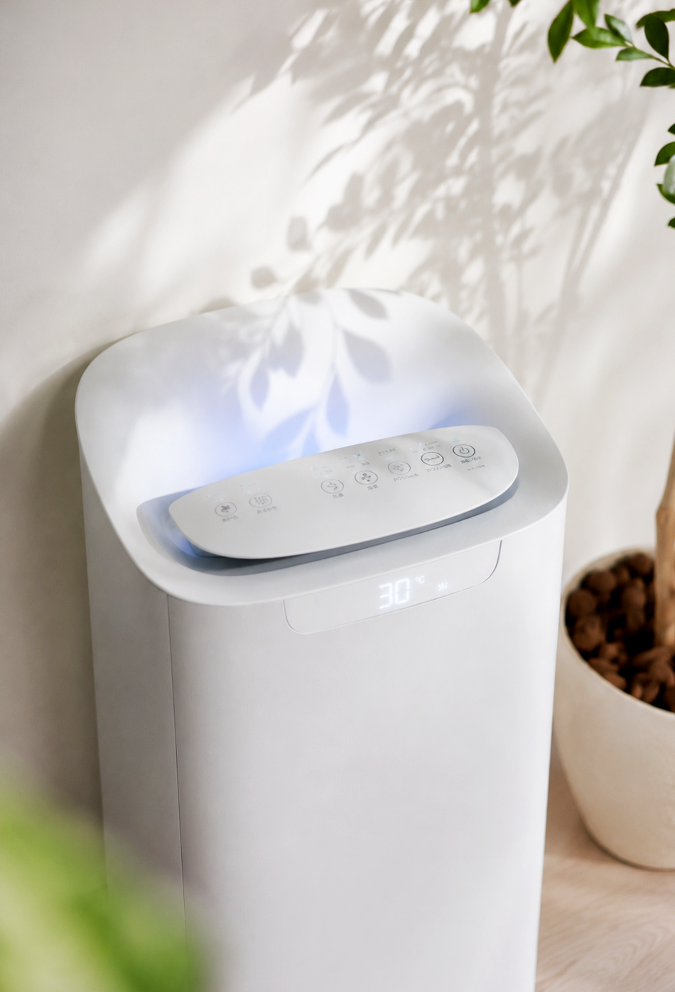 Purifier standing quietly in a sunlit room beside a plant