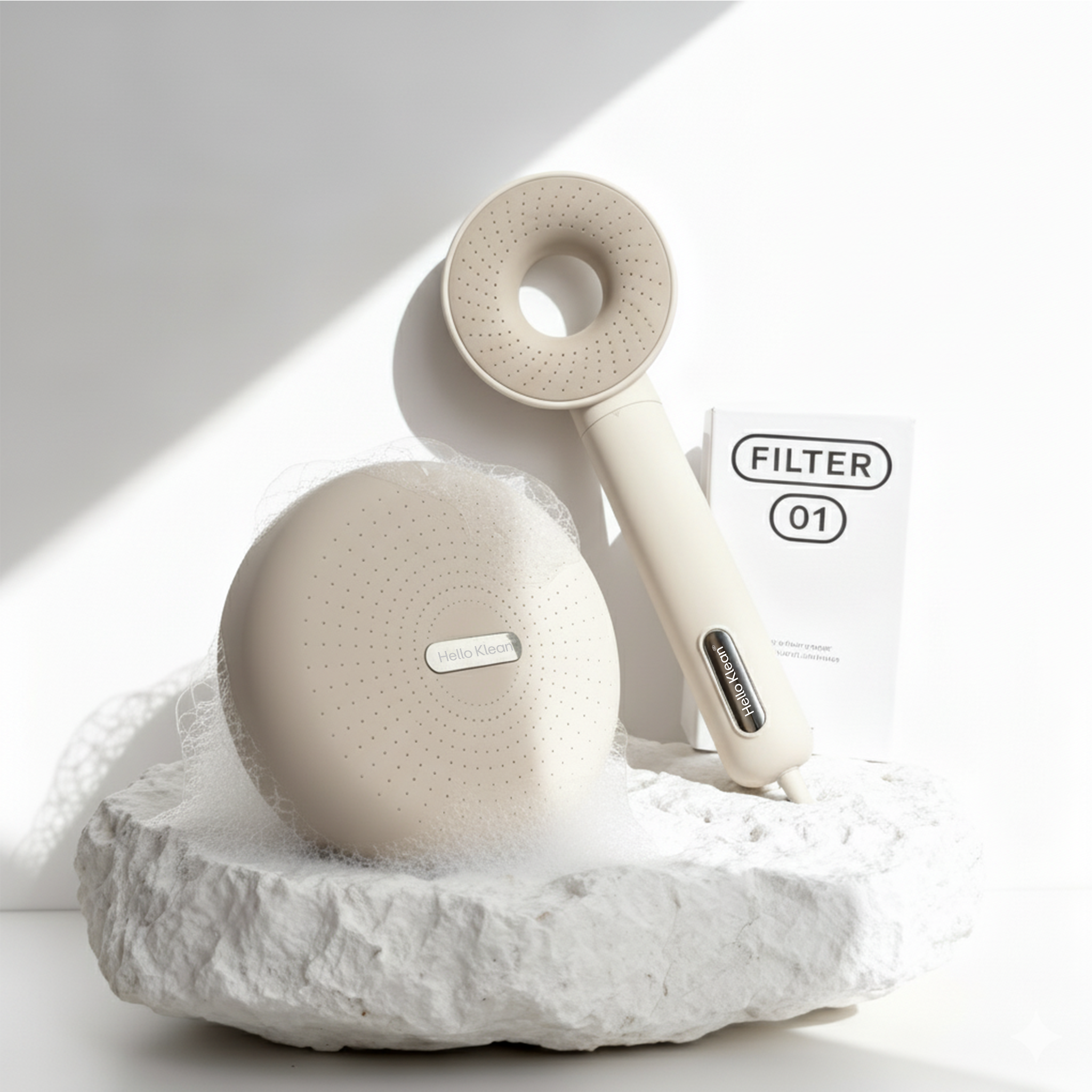 HelloKlean shower system — filter, showerhead, and rain shower