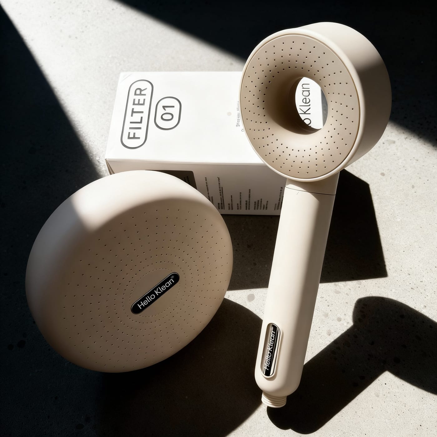 HelloKlean shower filter, showerhead and Filter 01 box in morning light