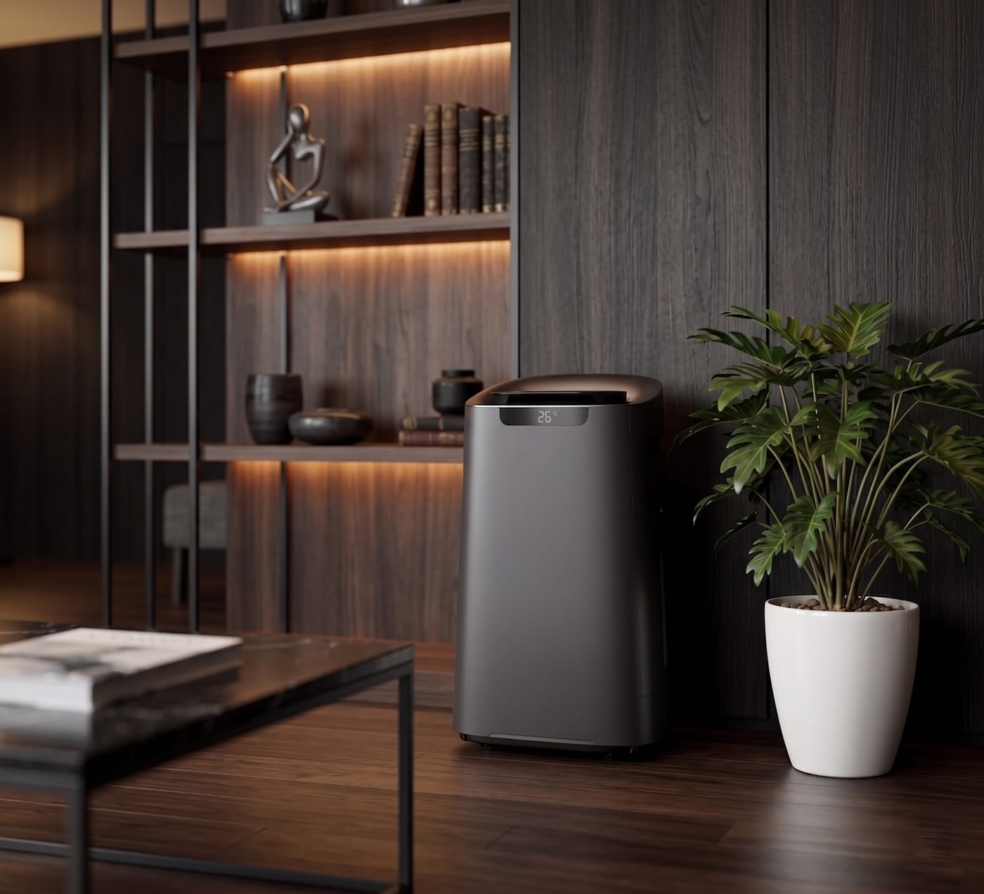 Air purifier beside a plant in a dark wood-panelled interior
