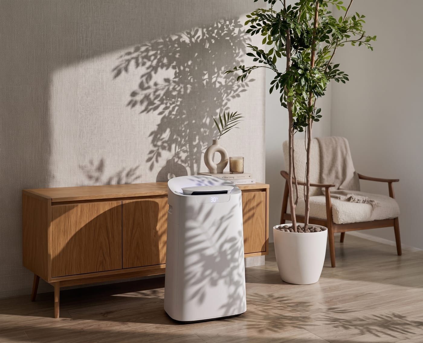 White air purifier in a sunlit room with dappled leaf shadows, beside a plant